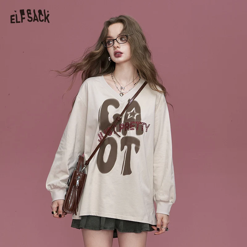 

2024 Autumn ELFSACK New Arrivals Purple retro v-neck portrait print casual versatile Korean loose thin T-shirt for women