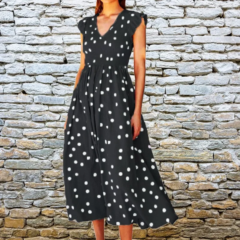 Amazon Cross border Women's 2024 Spring/Summer New European and American Fashion V-neck Polka Dot Slim Fit Large hem Dress for W