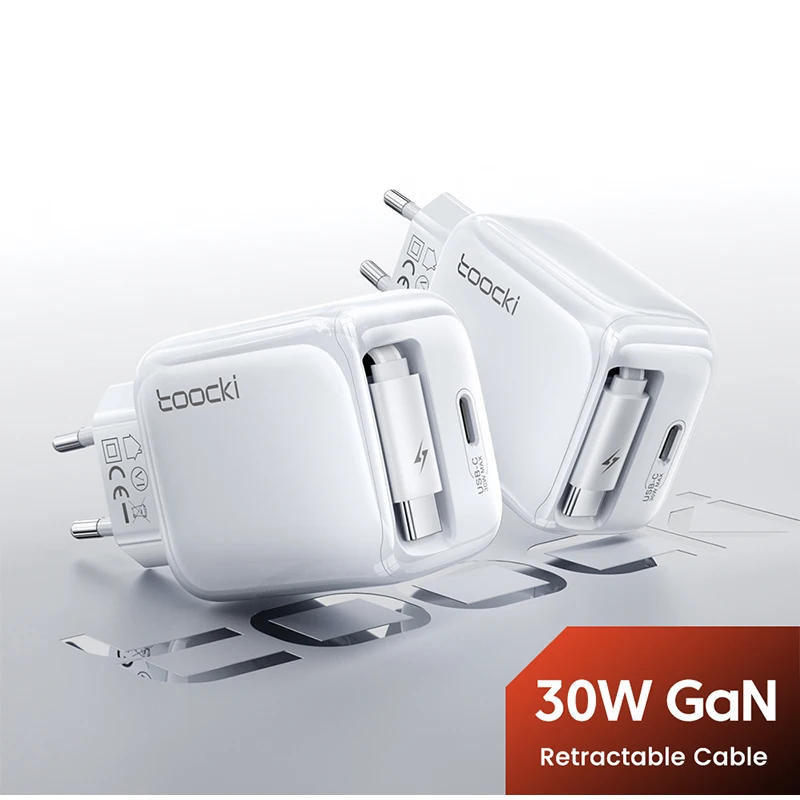Toocki GaN 30W Fast USB Charger PD Fast Charging For iPhone16 15 USB Type C Fast Charger Quick Charge Built in Retractable Cable