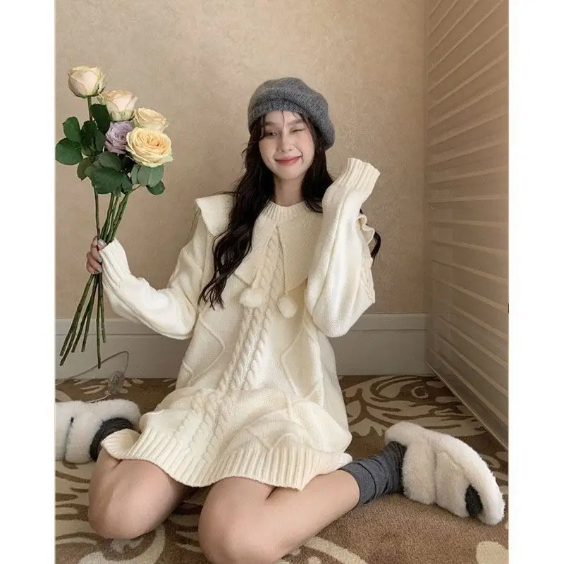 

Elegant Soft Waxy Doll Collar Long Sleeve Sweater Dress for Women Autumn Loose Warm Knitted Y2K Mid-length Solid Chic Top
