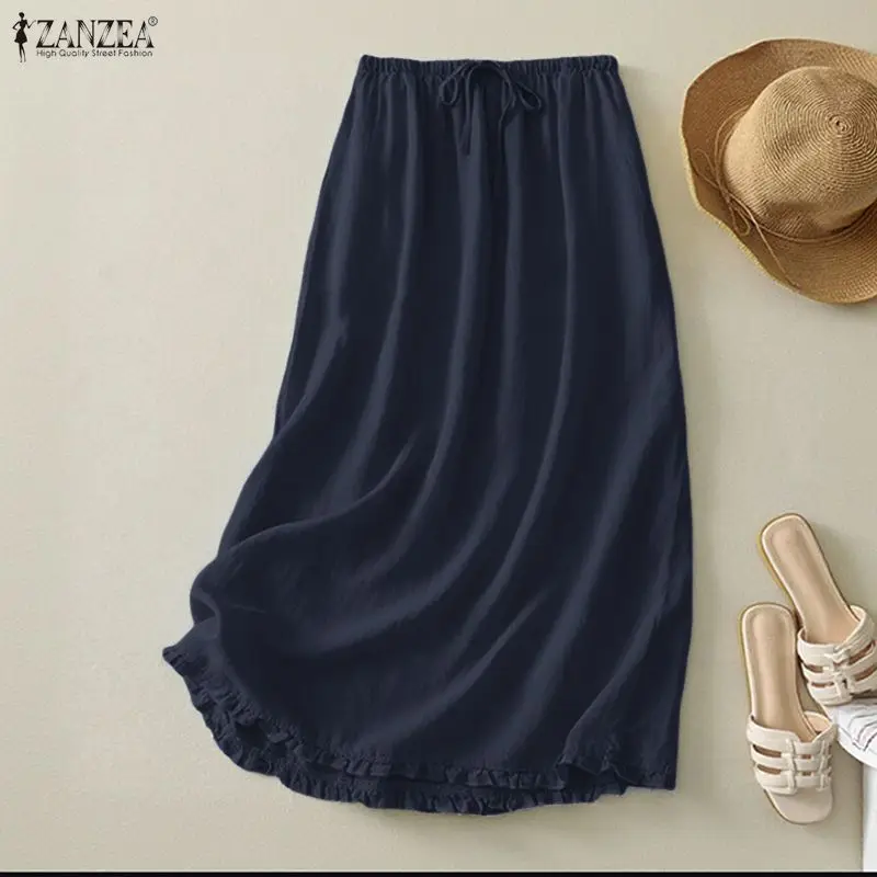 

Летняя юбка миди с эластичным поясом ZANZEA 2026 для женщин, винтажная, повседневная, однотонная, свободного кроя, с рюшами по низу, стильная, для работы