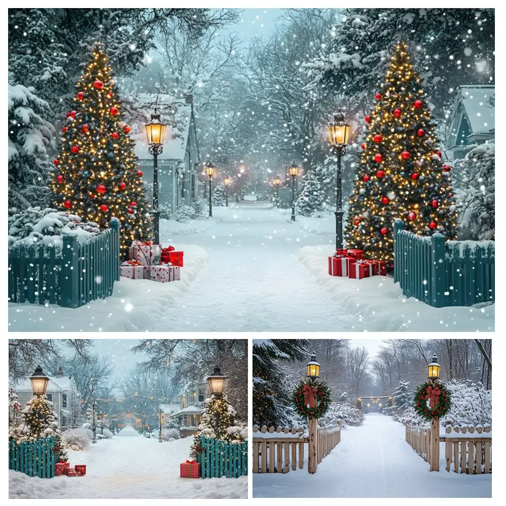 

Winter Christmas Outdoor Snow Scenery Backdrop Wreath Fence Baby Kids Portrait Photography Background Photostudio Decor Prop