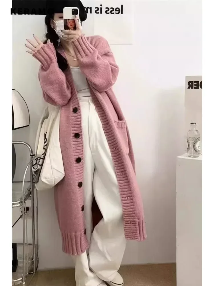 Women Sweet Style Solid Color Knitting Long Sleeve Pink Cardigans 2024 Winter Fashion Casual Oversized Single Breasted Sweater