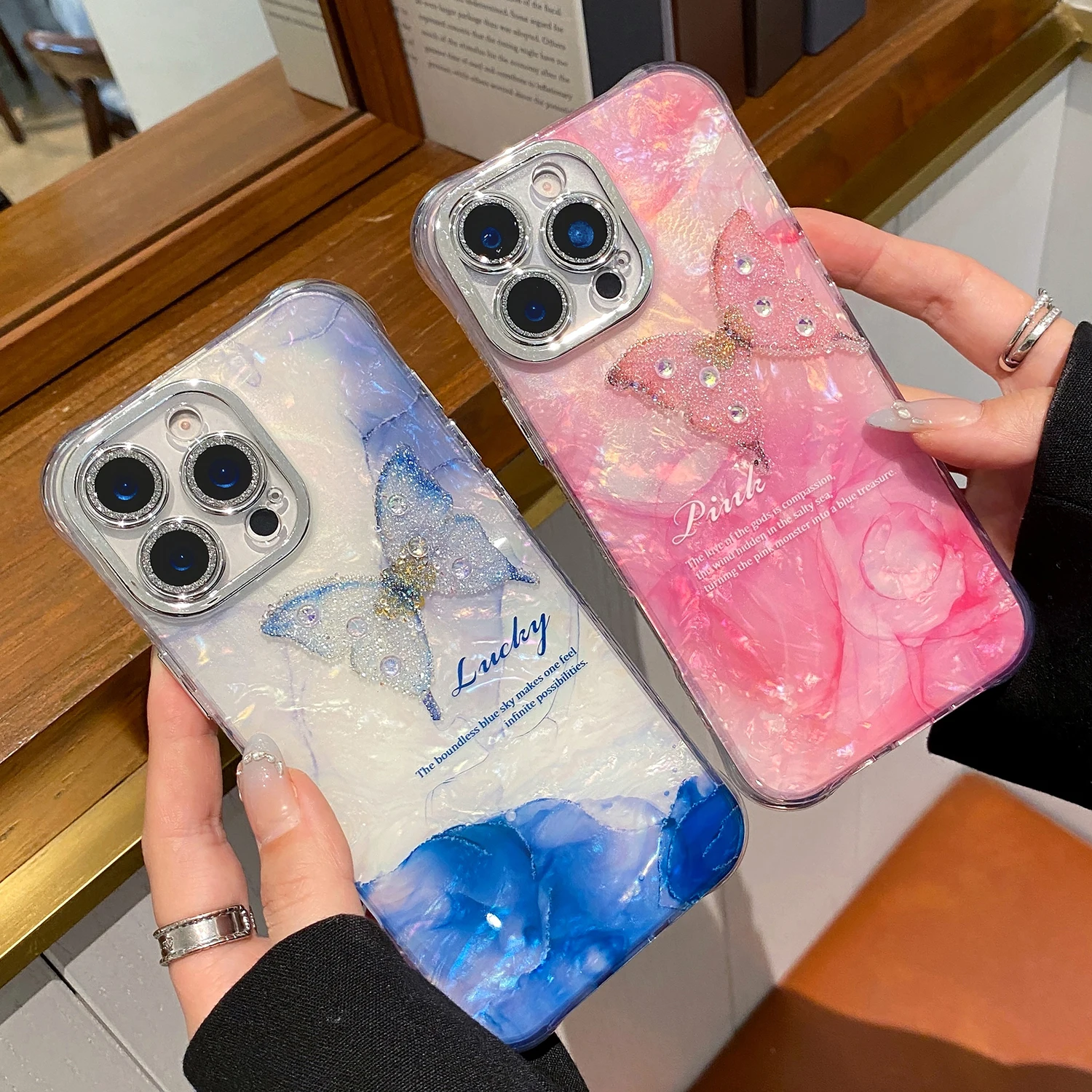 

Luxury Butterfly Glitter Clear Conch Shell Phone Case for IPhone 13 14 15 16 Pro Max Plus Bling Marble Pattern Back Cover Case