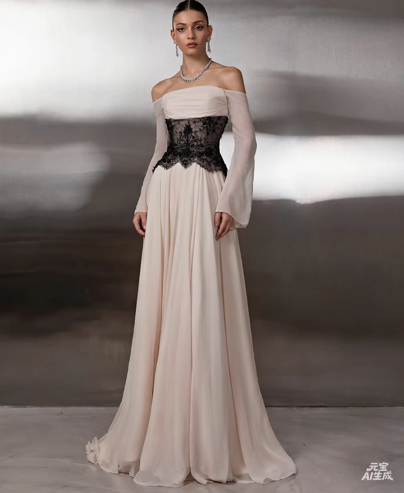 Boat Neck Chiffon and Lace Evening Dresses Formal Customized Prom Gown Long Sleeves Elegant Party Dress for Wedding Guest 2027