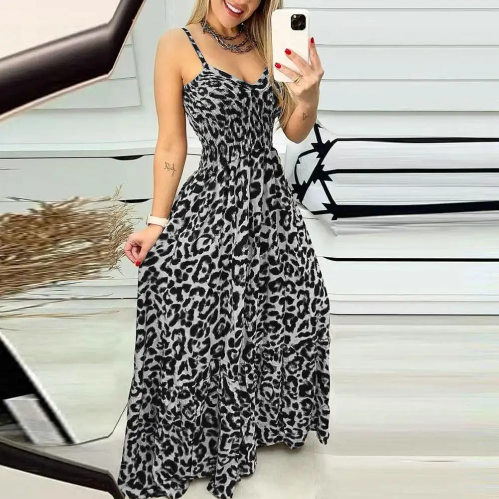 

Women A-line Dress Leopard Print Maxi Dress V-neck A-line Summer Dress for Women Vintage Floor Length Fashion with Elastic Waist