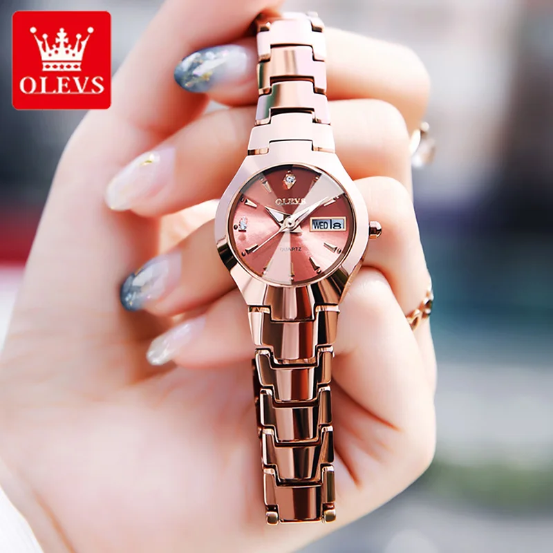 OLEVS-Relógio quartzo impermeável com calendário semanal feminino, aço de tungstênio, dourado, ponteiros luminosos, moda feminina, lazer