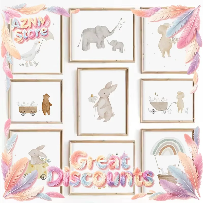 2026 Boho Cartoon Farm Animals Wall Art Canvas Painting Rabbit Bear Bee Flower Posters and Prints Pictures for Baby Kids Room De