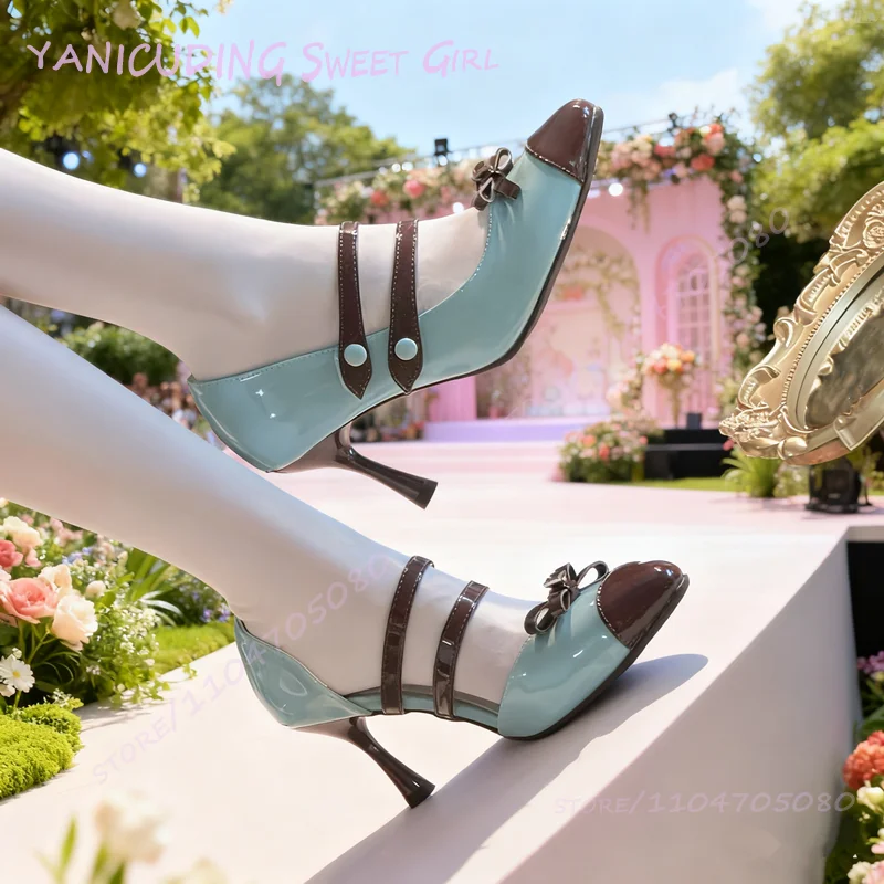 

Kitten Heels Cute Lolita Style Light Blue Girl Pink Patent Leather Pump Shoes Round Riband Toe Bow Buckle White Sweet Girl Party