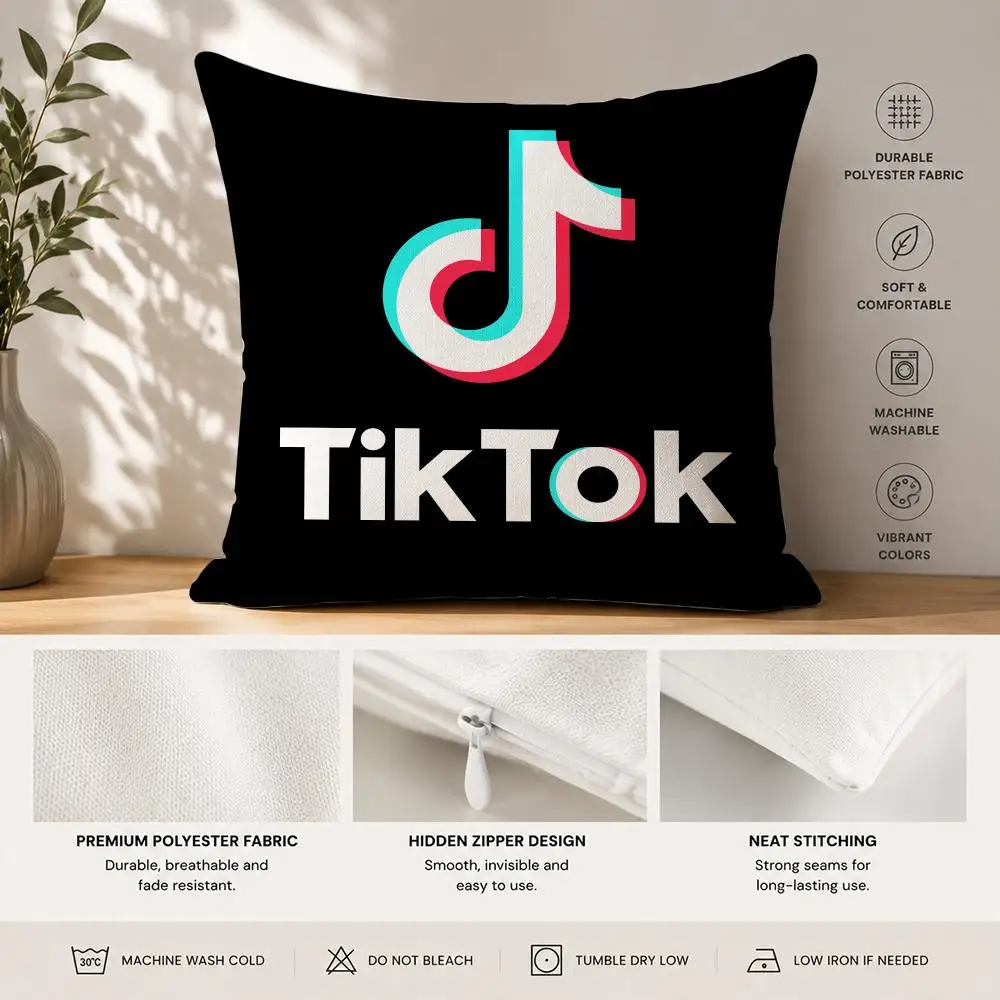 T-Tiktok LOGO COOL Cushion Cover 40x40cm Square Decorative Sofa Cushion Cover Bedroom Living Room Home Decor Gift