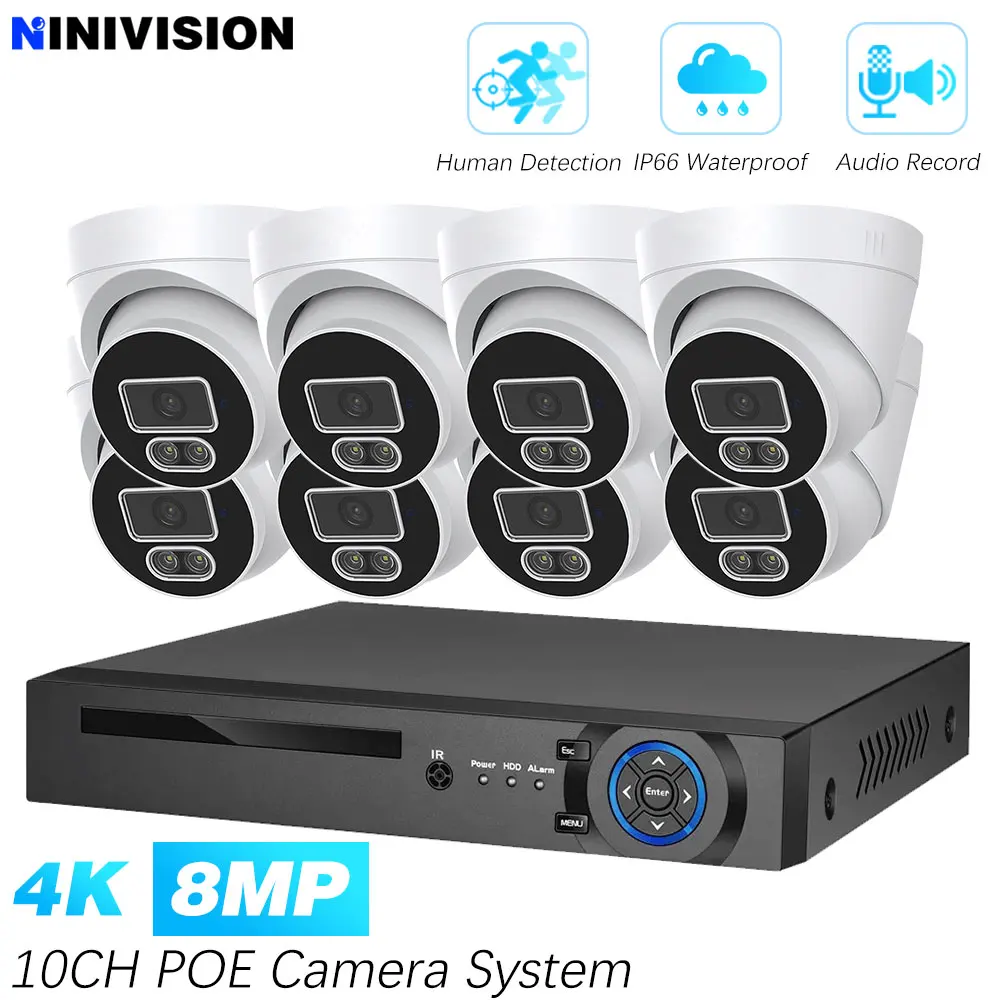 

Комплект системы видеонаблюдения 4K 10CH NVR 8MP POE с двусторонней аудиосвязью, цветным ночным видением, для наружного использования, IP-камеры H.265+