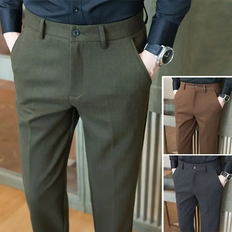 

2023 Men Suit Pants Dress Stretch Slim Formal Trousers Button Masculina Solid Color Casual Pants Fashion Male Clothing P185