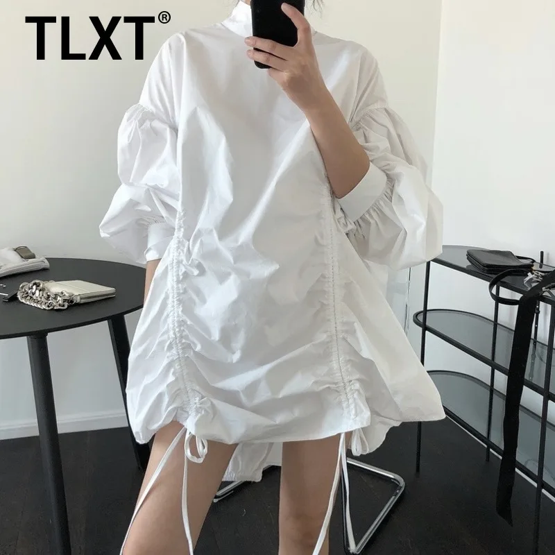 TLXT Mode Gesplitste Onregelmatige Jurk Dames Opstaande Kraag Lantaarnmouwen Trekkoord Designer Korte Jurken Zomer 2025, XK1285