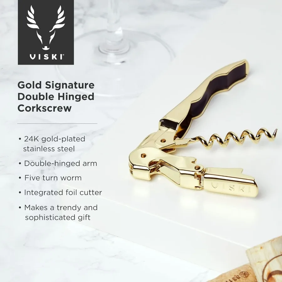 Crystal Stemmed Wine Glasses with Double Hinged Corkscrew in Wooden Gift Box Includes Two 16 oz Drinking Glasses and Cork Opene