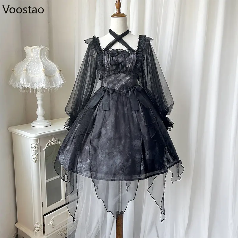 Japanischen Viktorianischen Gothic Lolita OP Kleid Vintage Mädchen Süße Bogen Elegante Prinzessin Urlaub Party Kleider Frauen Dark Y2k Kleid