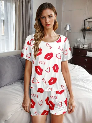 

Women's pajama set with lips, "kiss", and heart-shaped prints, comfortable summer clothing