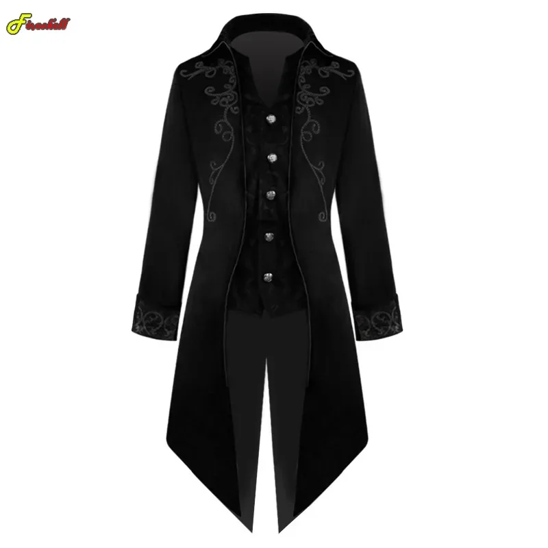 Mens Medieval Cosplay Costume Gothic Embroidery Cosplay Black Jacket Steampunk Fiveshell Tailcoat Party Tuxedo Punk Blazer