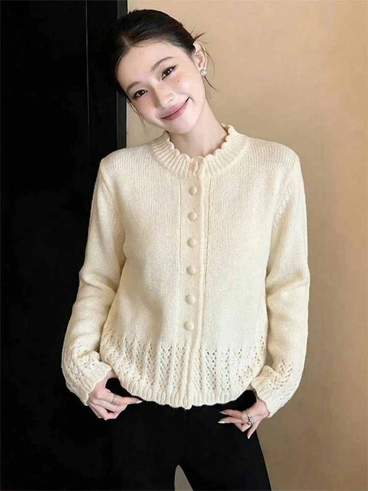 

Белый вязаный кардиган с кружевной отделкой и круглым вырезом, женский нежный короткий свитер-жакет на одной пуговице, модный топ для прогулок