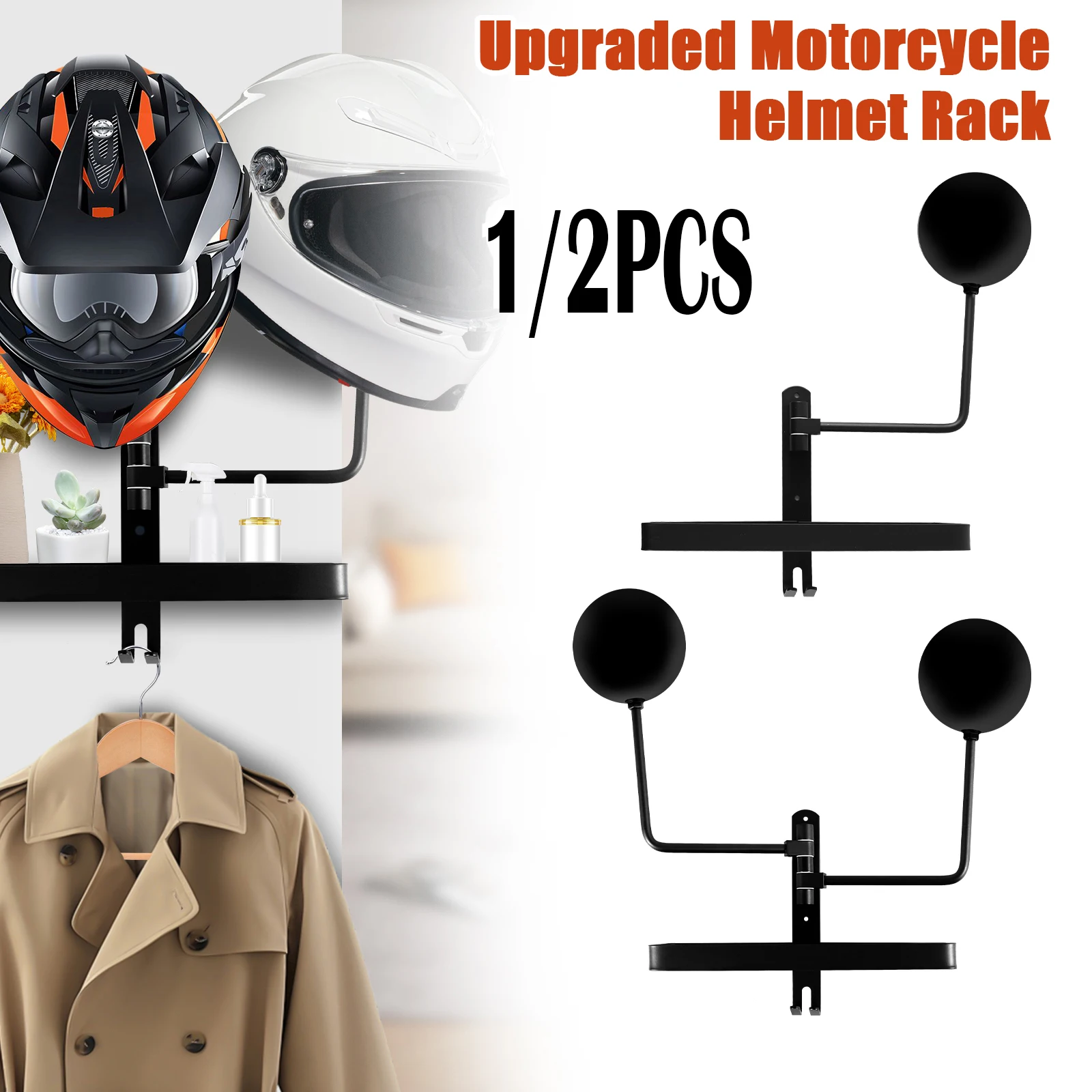 

Motorcycle Helmet Rack Wall Mount Helmet Holder 180 Degree Rotation Helmet Hanger with Storage Organizer and Hook Durable Space