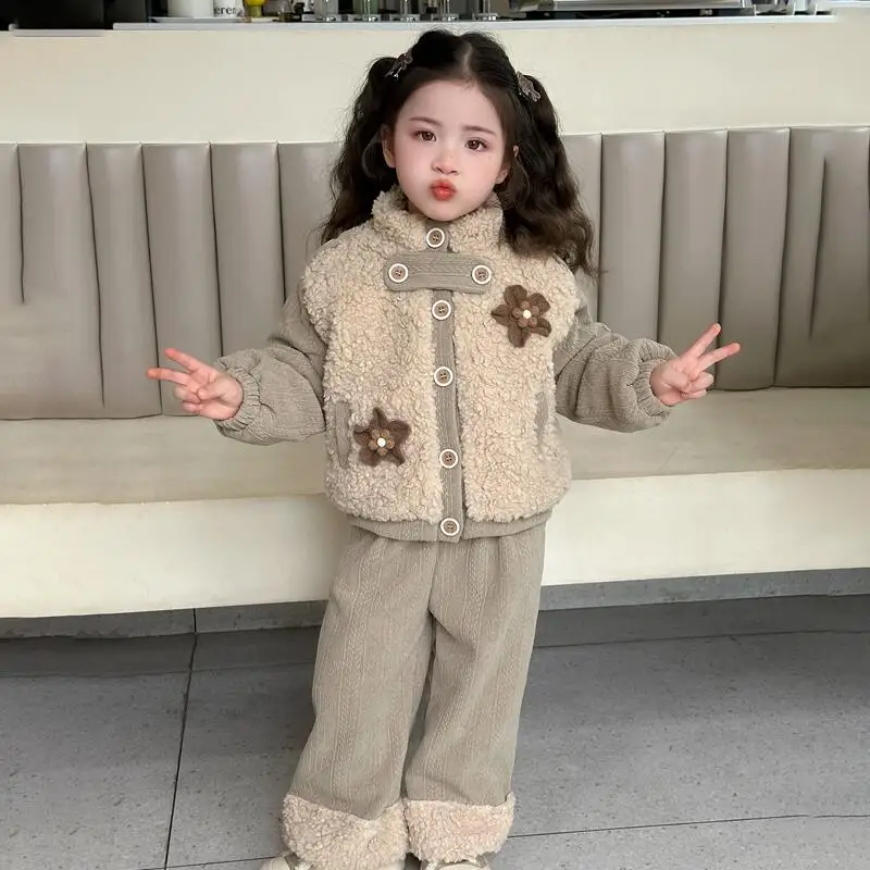Hot Girl Thicken Coat Pants Two-Piece Set Autumn Winter Tops Straight-Leg Pants Child Student Kawaii Fashion New Casual Clothing