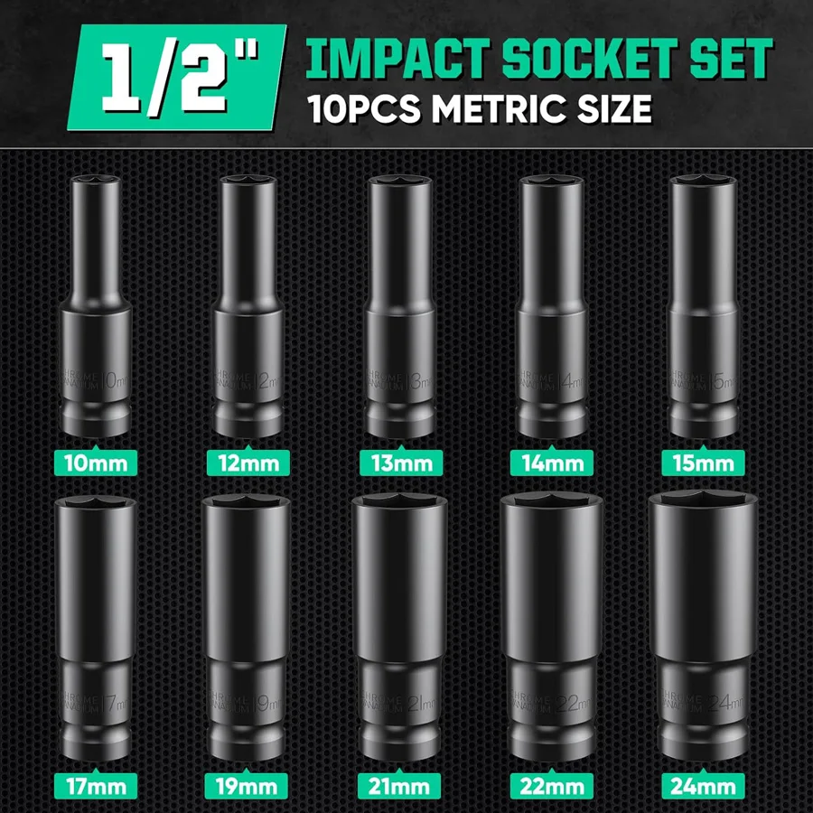 

1/2Inch Drive 6-Point Impact Socket Set 10-20 pcs/set 8-32mm Metric Sizes Carbon Steel Impact Socket Set with Hard Storage Box