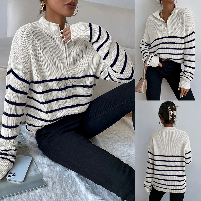 

Women's Loose Fit Zippered Knitted Shirt Cross Striped Sweater Versatile Fashion Knitwear Top
