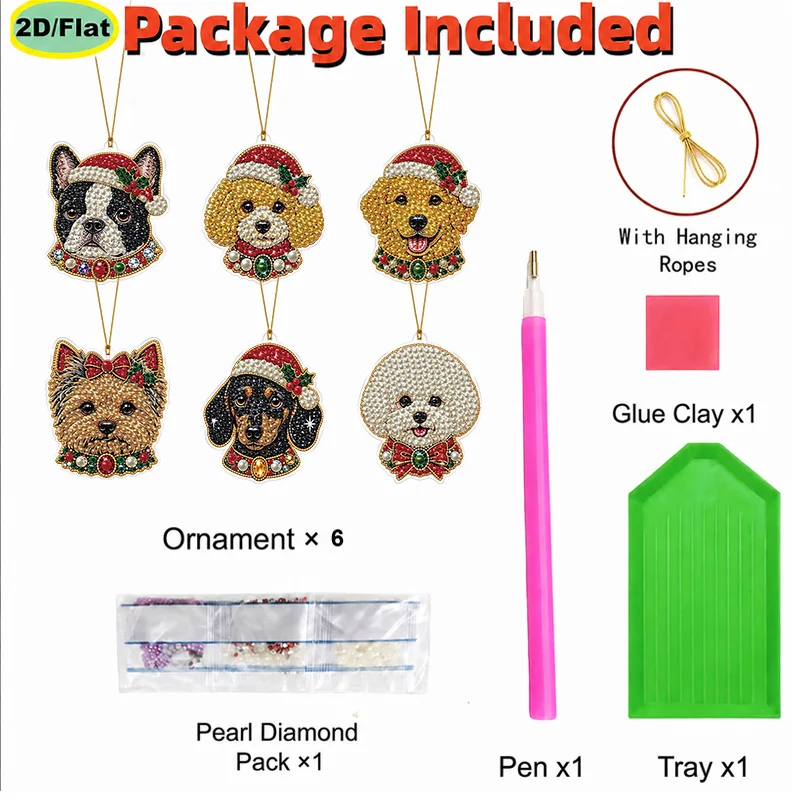 Christmas Dog Diamond Painting Acrylic Flat Decoration 6-Piece Set 3.35in Cute Pet DIY Diamond Sticker Hanging Ornament for Chri