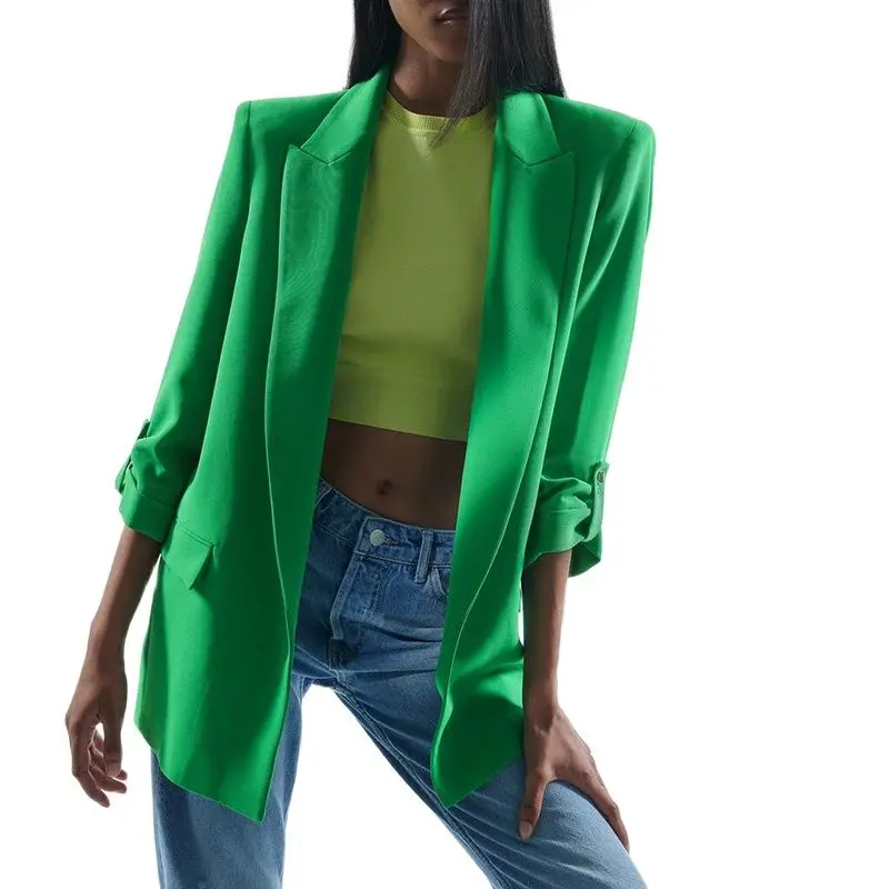 Fashion Casual Loose Notched Blazers Women Elegant Green Rollable Sleeve Jackets  Spring Pockets Straight Suits Ladies