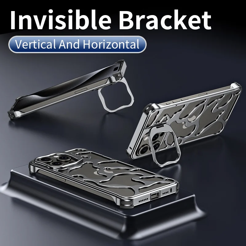 Metal Armor Anti Shock Phone Case For iPhone 13 15 14 Pro Max Invisible Lens Stand Phone Protection Back Cover