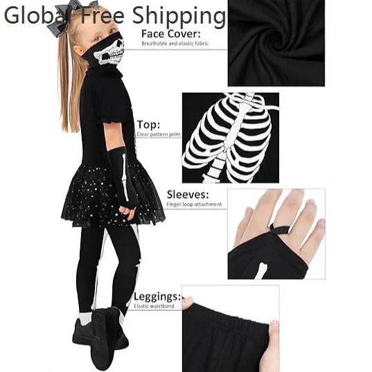 Glow-in-the-dark Halloween 3d Skull Print Bodysuit For Girls Holiday Party Masquerade Dress Ballet Tutu Bodysuit Carnival Outfit
