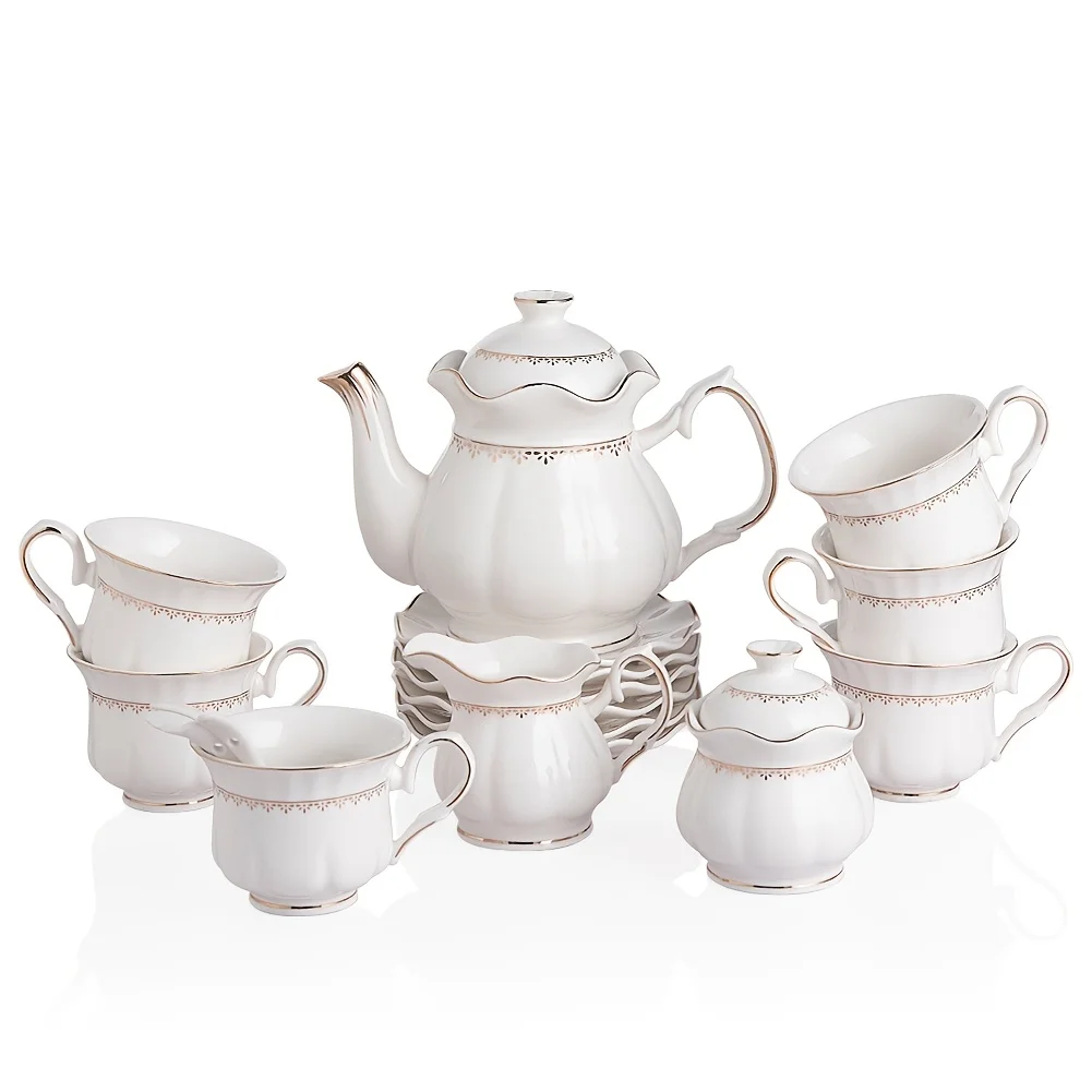 

21pcs Porcelain Tea Set with Golden Trim - Ceramic Tea Pot And Sugar & Creamer Pitcher, Delicate Tea Cup And Saucer Set Of 6, Suitable for Daily Life/Party/Gift