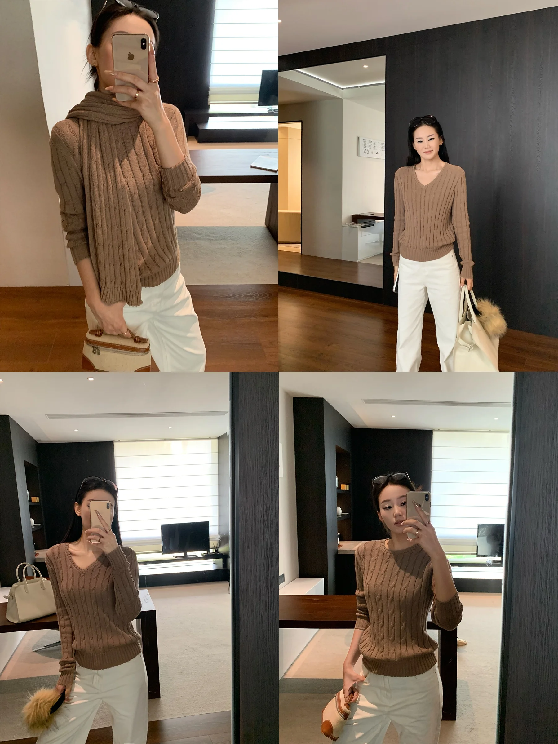 

5werkwen RL Классический свитер-шарф с витым узором, двойная версия, V-образный вырез, женский, осенне-зимний, хлопковый, с длинными рукавами