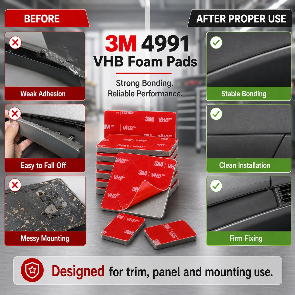 3M 4991 VHB Acrylic Foam Pads 2.3mm Thick Heavy Duty Strong Bond For Automotive Trim Panel Mounting 25x25-100x200mm