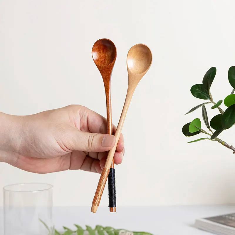 2Pc Wooden Tea Spoon Long Coffee Spoons Small Teaspoon Set Wood Multi-Purpose Stirring Wooden Long Handle Teaspoons Tableware