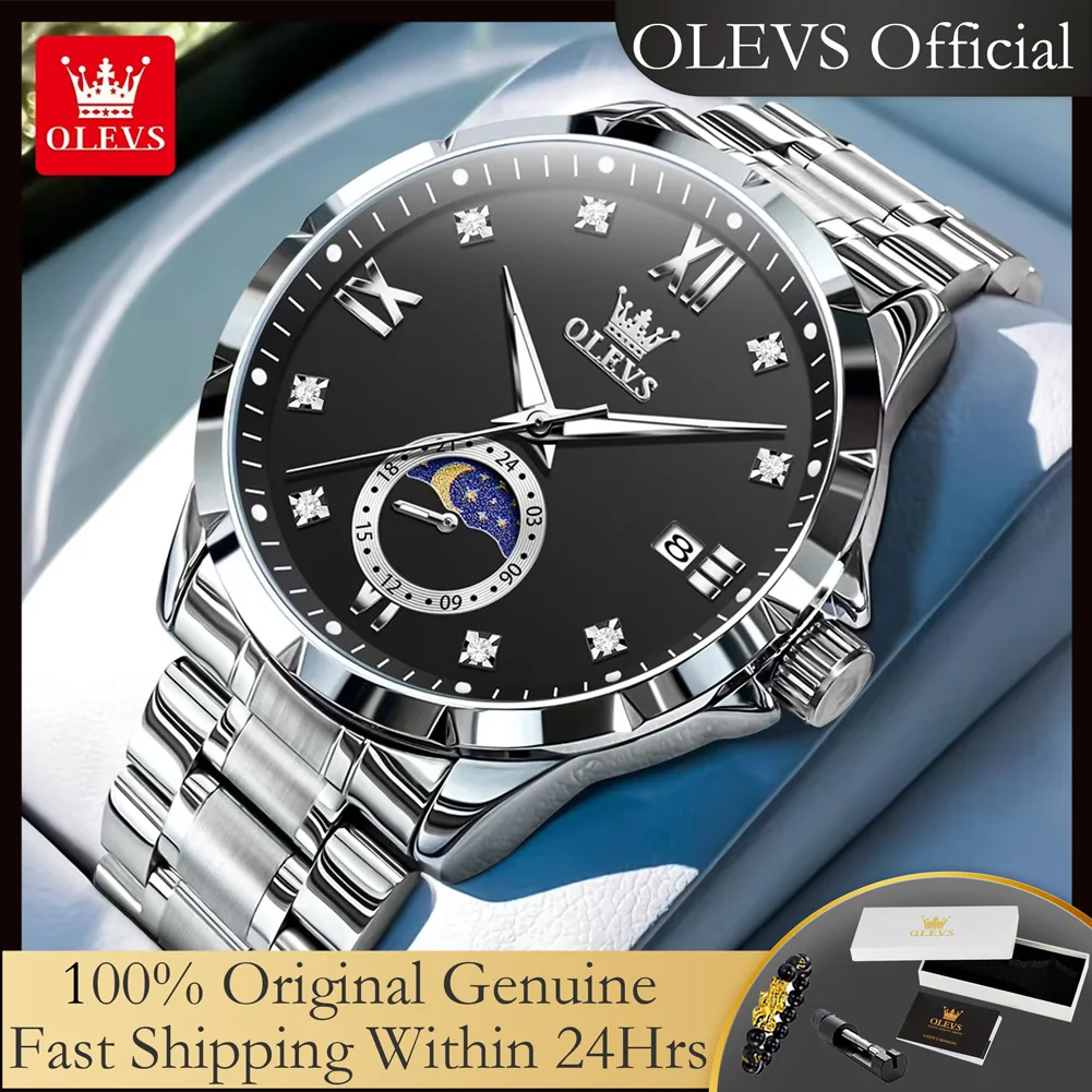 

OLEVS 2956 оригинальные мужские часы с фазой Луны, твердый ремешок из нержавеющей стали, водостойкий календарь, светящиеся кварцевые наручные часы для мужчин