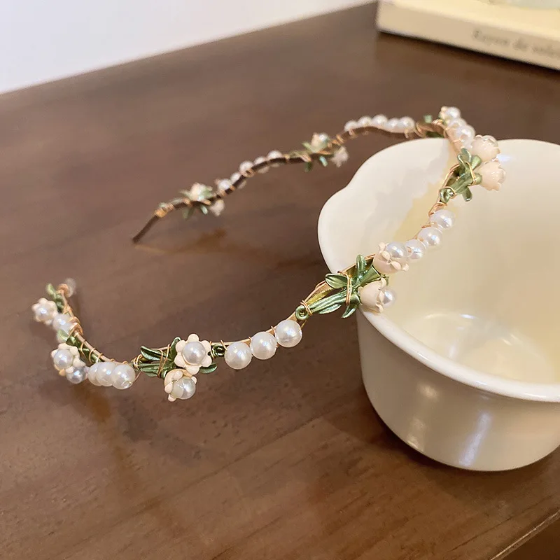 Pearl Flower Leaf Hair Band for Women High Skull Top Pressure Fashion Floral Charm HairBands Versatile Hair Accessories