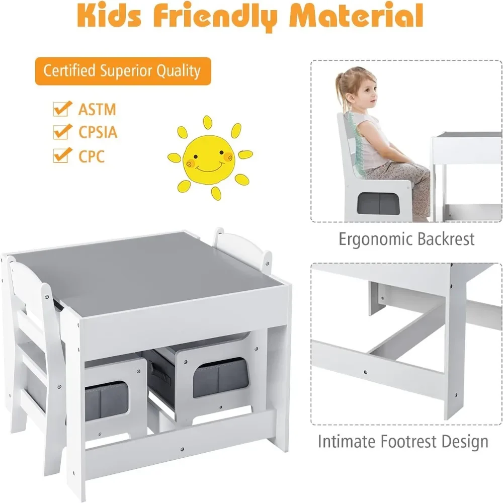 Juego de mesa y sillas para niños, mesa de actividades de madera 3 en 1 con cajón de almacenamiento, mesa desmontable para niños