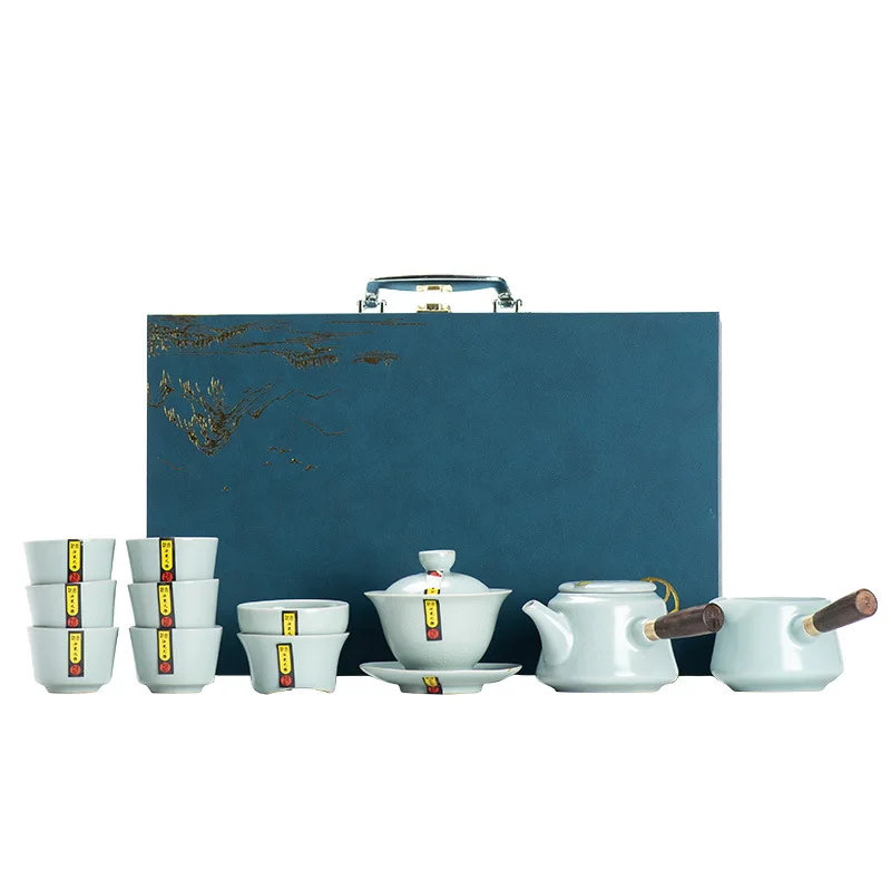 High-end Ceramic Tea Set with Gift Box Handmade Ice Crack Glaze Beauty Teapot Home Porcelain Gaiwan Teacup Custom Tea Infuser