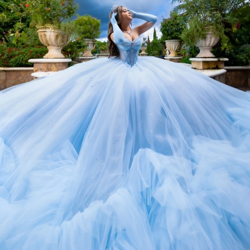 

Sky Blue Shiny Quinceanera Dresses Off The Shoulder Beading Crystal Tiered Tull Party Birthday Sweet 16 Dress Vestidos 15 De