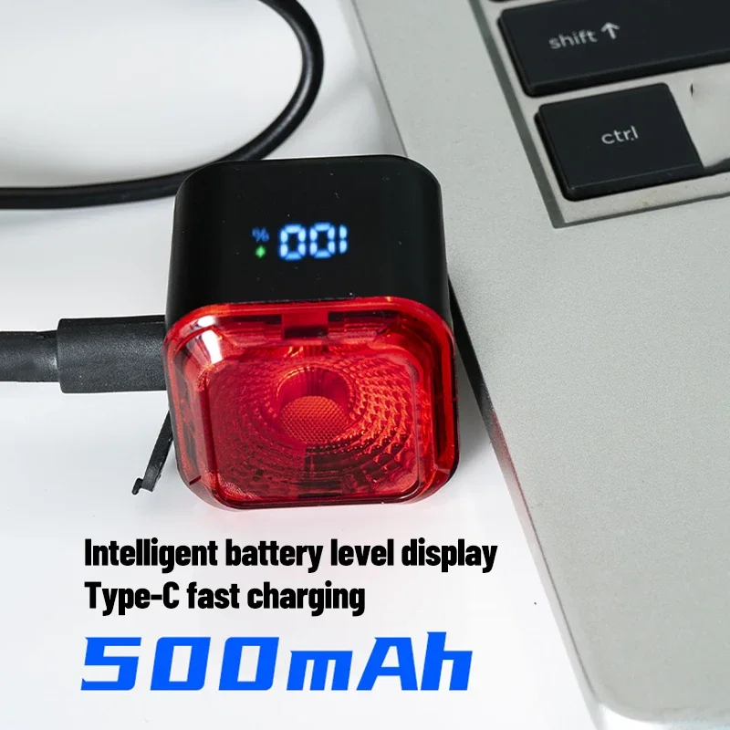 Smart Bike Tail Light with Digital Battery Display Auto Bike Brake Rear Light Type-C Rechargeable Bicycle Accessories