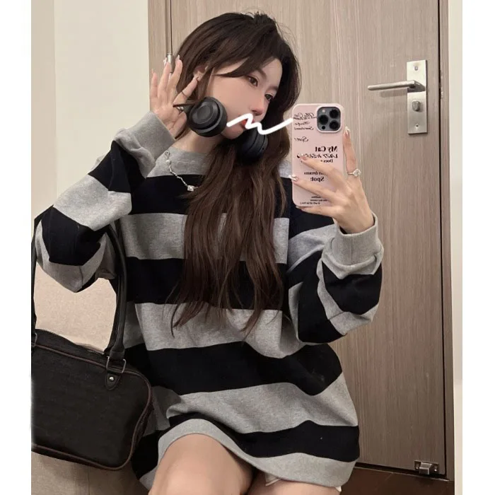 Loose Long Sleeve Women's Hoodie Grey Striped Korean Style Comfortable Fit Fashionable Casual Streetwear Autumn Collection