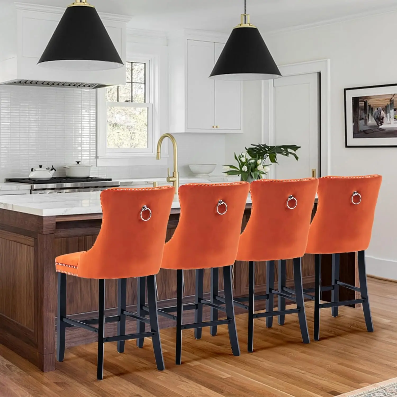 Conjunto de 2 bancos de bar de veludo com encosto, pernas de madeira, anel de metal, altura de balcão (laranja)
