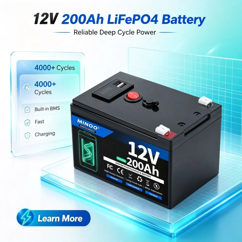 12V LiFePO4 Battery 200Ah Lithium Iron Phosphate Rechargeable Built-in BMS 4000+ Cycles For Boat Trolling Motor Solar Storage