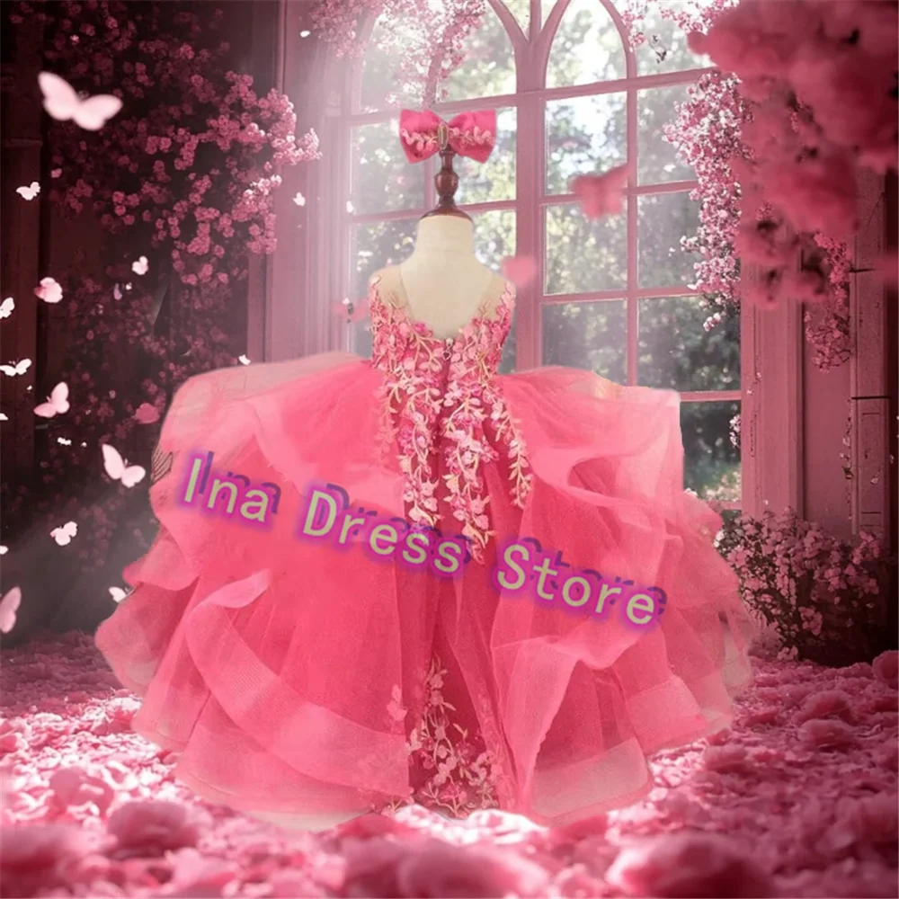 

Lovely Pink Flower Girl Dress Tulle Fluffy With 3D Appliques Sleeveless Wedding Ball Gown Kids Birthday Party Evening Gowns