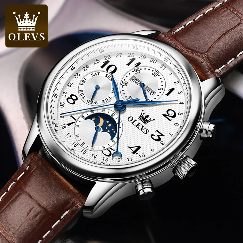 OLEVS-reloj mecánico para hombre, cronógrafo Original, resistente al agua, con correa de cuero y fase lunar, totalmente automático, con escala Digital, para negocios