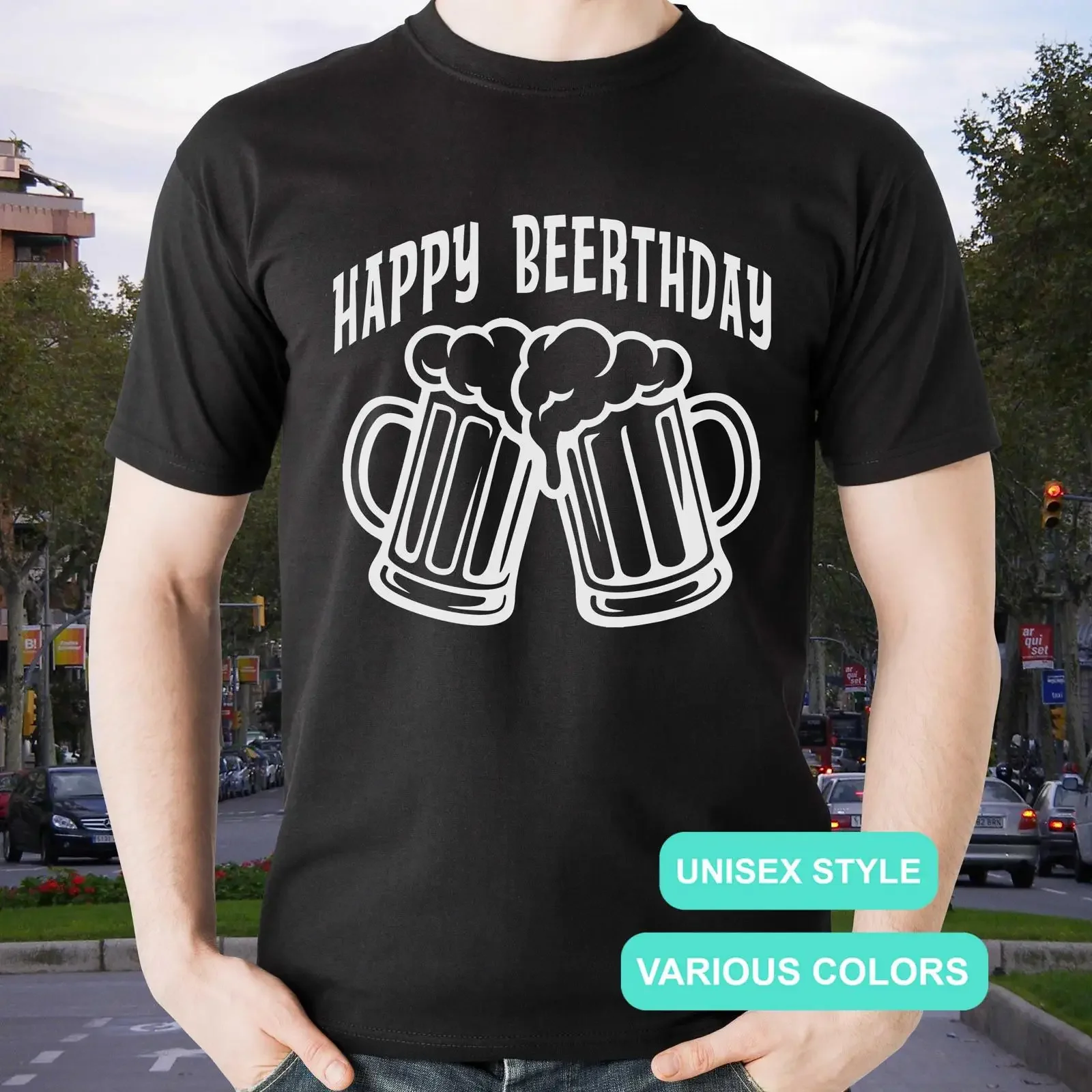 Happy Beerthday Beer Mugs T Shirt Birthday Drinking Party Novelty Cotton Crew Neck Top for Pub Crawl  vintage Washed streetwear
