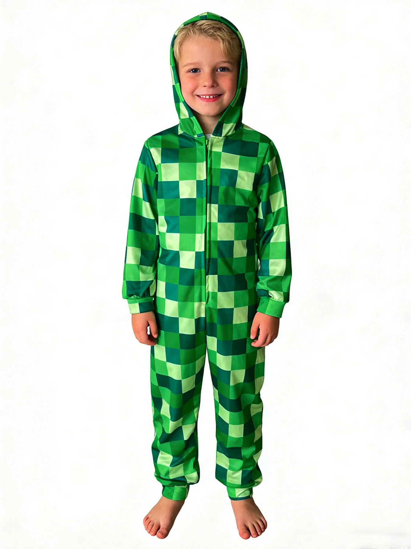 

Carnival Boys Game Hero Character Costume Green Checkered Hooded Jumpsuit Kids Cosplay Easter Birthday Party Dress Up Clothing