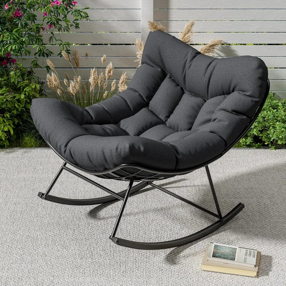 

Rocking Chair with Sturdy Metal Frame, Patio Rattan Egg Rocker for Balcony Backyard Porch Bedroom Living Room