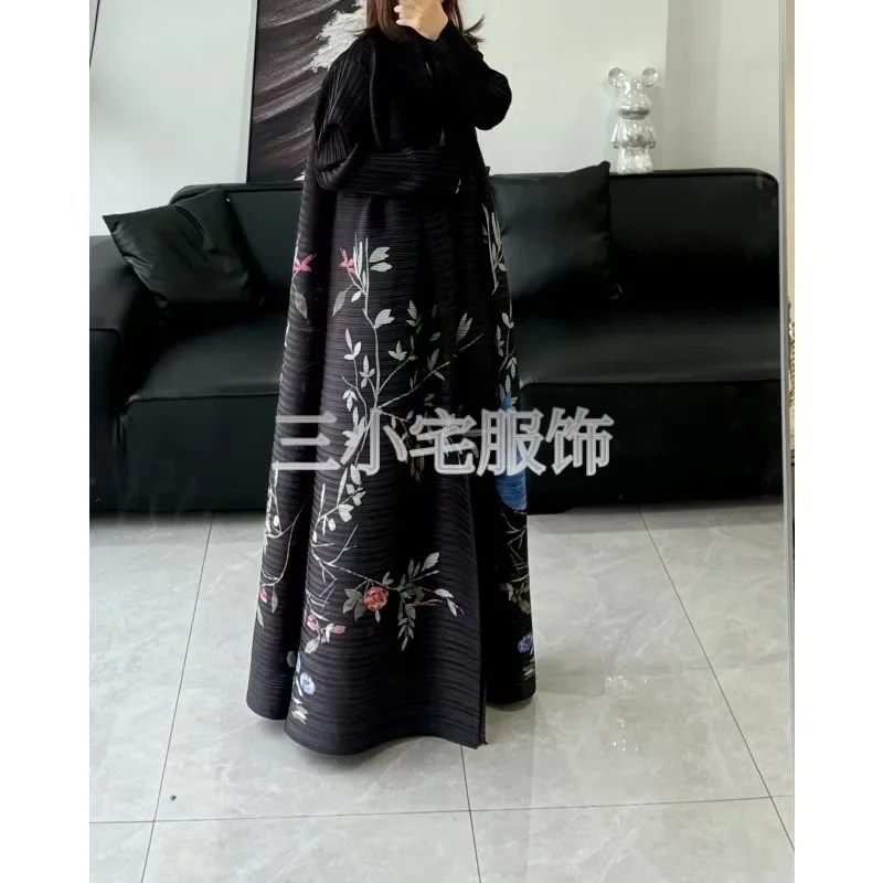 Miyake Pleated Turndown Collar Vintage Printed Long Sleeve Dress Women 2024 New Original Designer Abaya Fashion Classical Coats