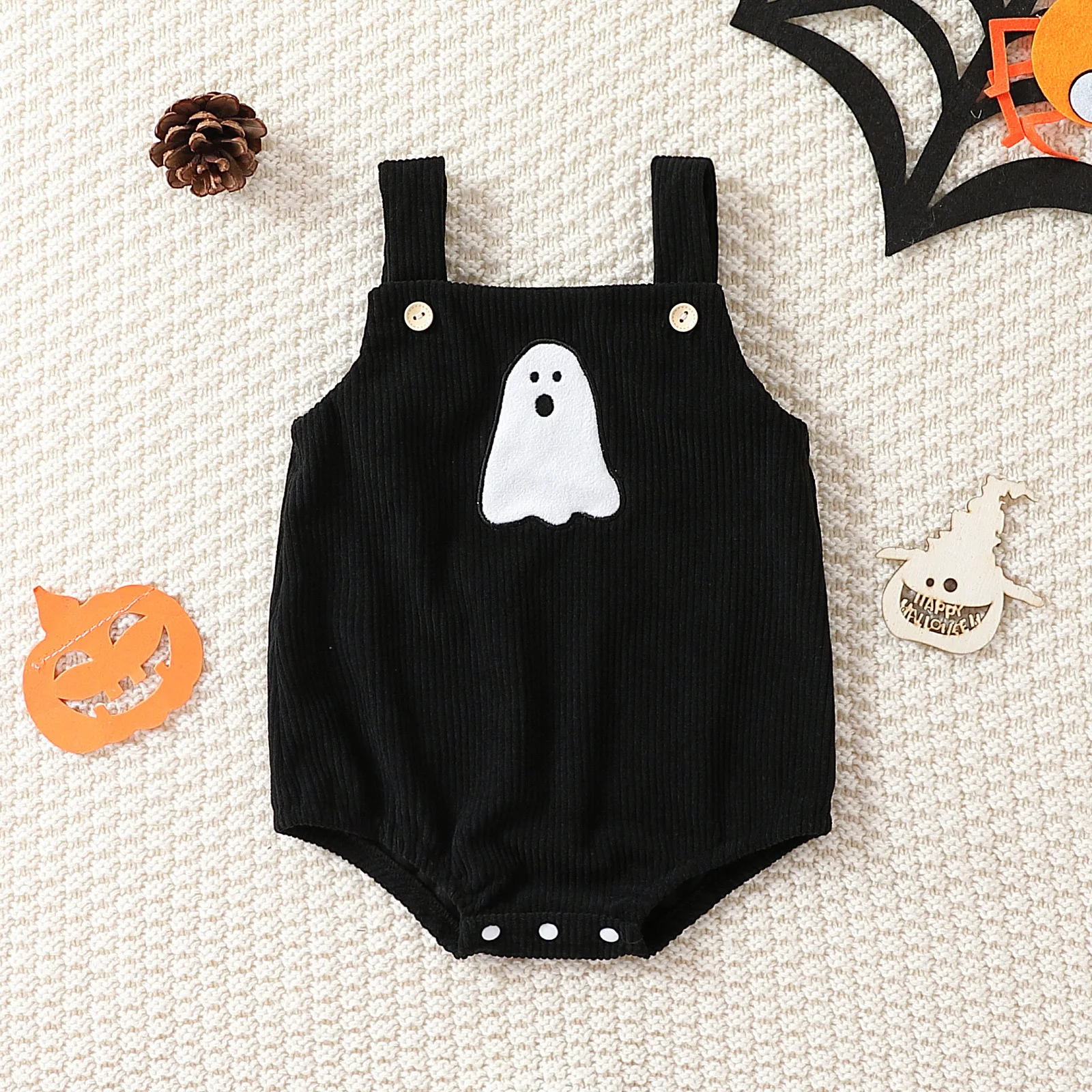 Autumn Female Infant Corduroy Halloween Black Ghost Embroidered Suspender Triangle Romper